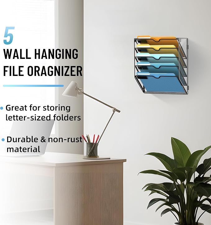5-Tier Hanging Wall File Organizer with Hooks for Office Organization | Mesh Wall File Holder, Mail Organizer Wall Mounted for Papers, Documents, Folders and Magazines in Home Office, Classroom - Image 2