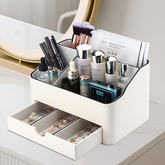 PU Leather Desk Organizer with Drawer, 5 Compartments Desktop Storage Caddy for Office Home Supplies, Pen Holder for Remote Control, Phone & Accessories, Mail Organizer Countertop Ivory White - Image 6