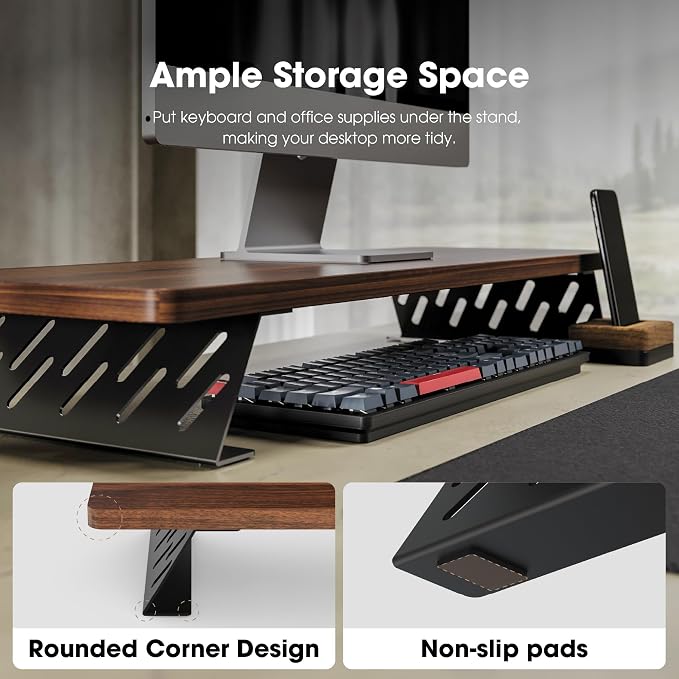 Fenge Monitor Stand Riser, Wooden & Metal Desk Shelf Organizer, Brown | 31.5in Computer Stand, Single Monitor Setup, for Compact Work Station, Multifunctional Monitor Shelf for Laptop, PC, Printer - Image 6