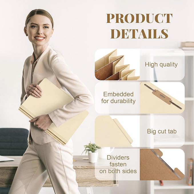 AmazingSpark 24 Pcs Classification Folder Letter Size Bulk 3 Divider Pressboard File Folder with Expansion 2 Prong Fastener Heavy Duty Office File Organizer for School Medical Document(Beige) - Image 3