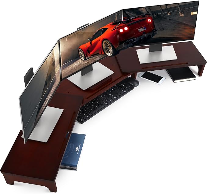 Nnewvante Dual Monitor Riser, 60 inch Bamboo Monitor Stand for Desk, Walnut | Adjustable Length Angle, 3 Shelves Desktop Screen Riser, For Computer Laptop PC by Nnewvante