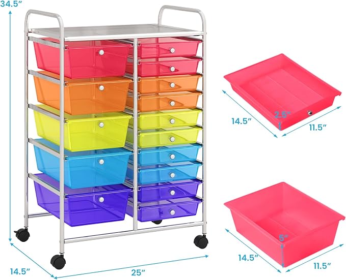 Giantex 15 Drawer Rolling Cart with Drawers, Storage Organizer Cart for Classroom Office School Teacher, Mobile Drawer Cart for Tools, Crafts, Small Printer, Paper (Clear Red+Orange+Green+Blue+Purple) - Image 3