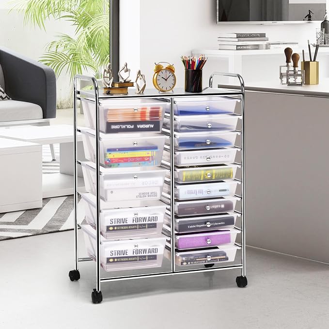 COSTWAY 15 Drawer Rolling Storage Cart, Mobile Storage Organizer | Removable Drawers & Metal Frame, Multipurpose Utility Tools Paper Organizer on Wheels for Home, Office (Transparent) - Image 2