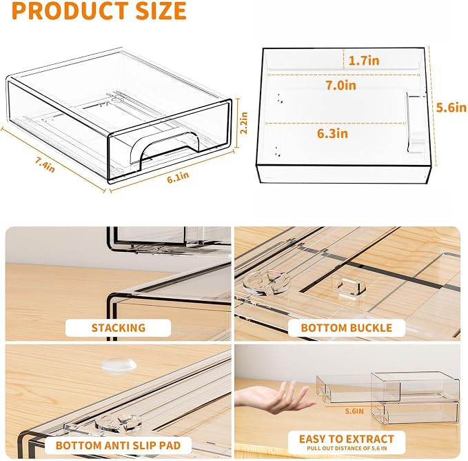 2.2'' Tall Small Clear Stackable Storage Drawers,6 Pack Stacking Acrylic Organizers Drawers for Hair Accessories,Makeup,Pen,Art Crafts,Office Supply Organizer and Desktop Plastic Mini Drawers - Image 3