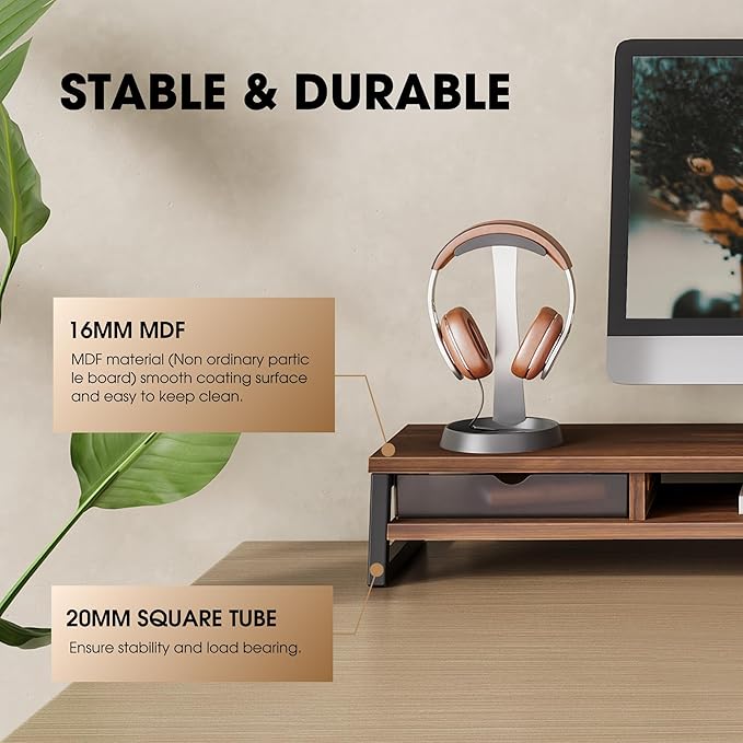 Fenge Dual Monitor Stand Riser, 42.5in Desk Shelf with 2 Drawers, Brown | 2-Tier Monitor Shelf for Desk, Storage Drawer with Stopper, Frosted, fit Home Office, Ultrawide Screen, PC, Laptop, TV - Image 4