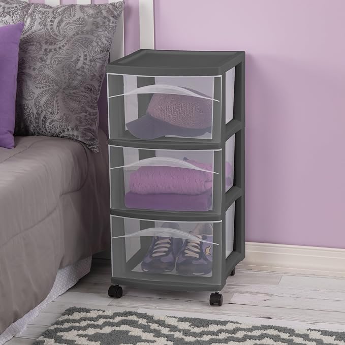 Sterilite 2 Pack 3 Drawer Storage Cart, Rolling Organization, Flat Gray | Clear Plastic Organizer Drawers with Wheels for Craft Supplies, Bath Essentials, or Home Accessories - Image 2