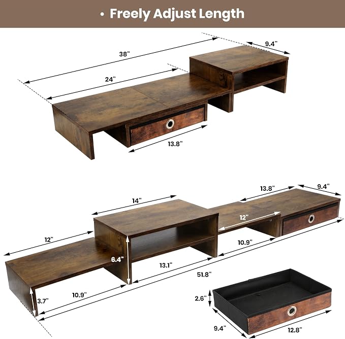 Monitor Riser for 3 Monitors, Angle Adjustable Monitor Stand with Drawer | Dual Monitor Stand for Desk, Dual Monitor Stand with Storage, Wooden Extra Long Triple Monitor Riser up to 52", Rustic Brown - Image 3