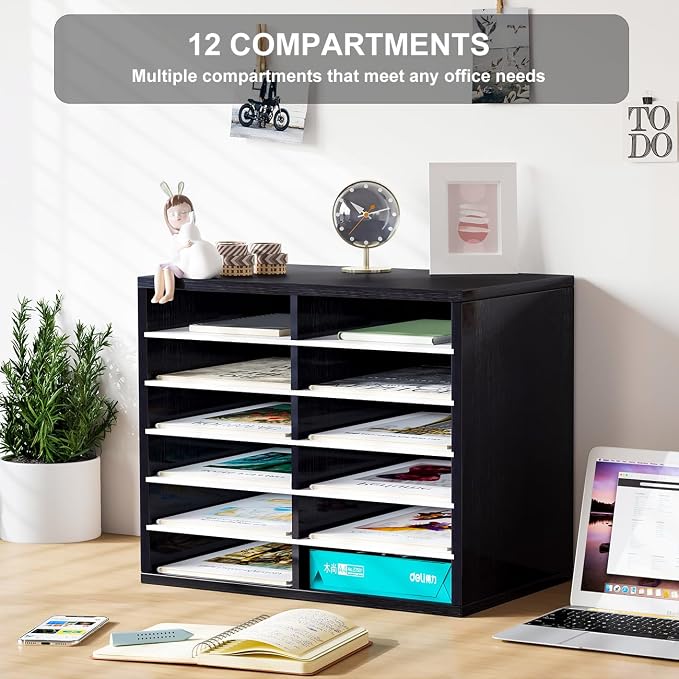 Countertop Mail Sorter Organizer, Wooden Literature Organizer, Student Mailbox for Classroom, Desktop Bill Organizer for Office Home School, 12 Compartments, Black&White - Image 4
