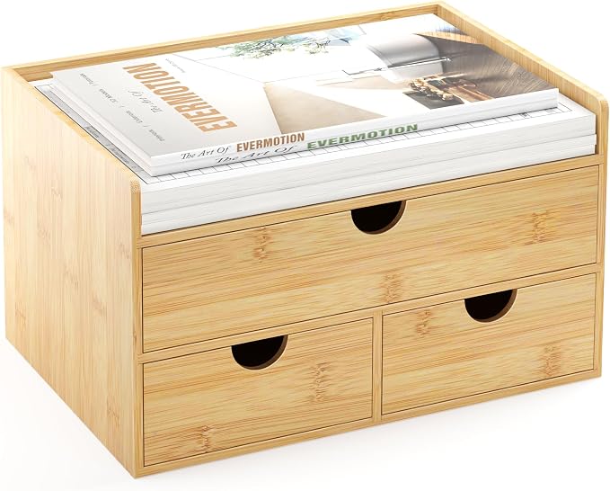 Bamboo Desk Organizer with Drawers, Desktop Storage Box for Office Supplies | 3 Drawers Desktop organizer, No Assembly Required, Natural Wood Wooden Desktop Drawers for Bills, Cosmetics, Seals, Paper by WisuceHome