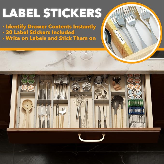 SpaceAid Bamboo Drawer Dividers with Inserts and Labels, Kitchen Adjustable Drawer Organizers, Expandable Organization for Home, Office, Dressers, 10 Dividers with 24 Inserts (17"-22" Gray) - Image 3