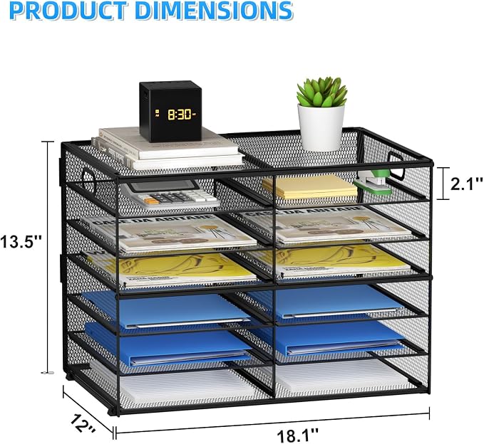 Lavatino 12 Compartments Paper Organizer for Desk, Mesh Literature Organizer, Mail File Sorter Tray with Handle, Desktop Mailbox for Office Classroom Home, Black - Image 4