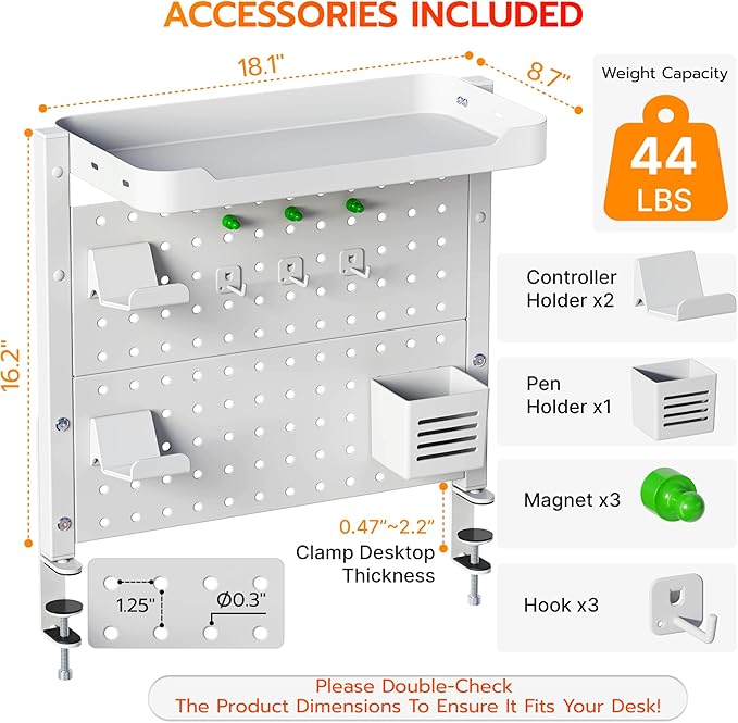ARES WING Desk Clamp On Pegboard with 16 inches Organizer Shelf, White | Adjustable Above or Under Desk Storage Shelf Holds 44 lbs, Magnetic Metal Peg Board for Office and Gaming Accessories - Image 2