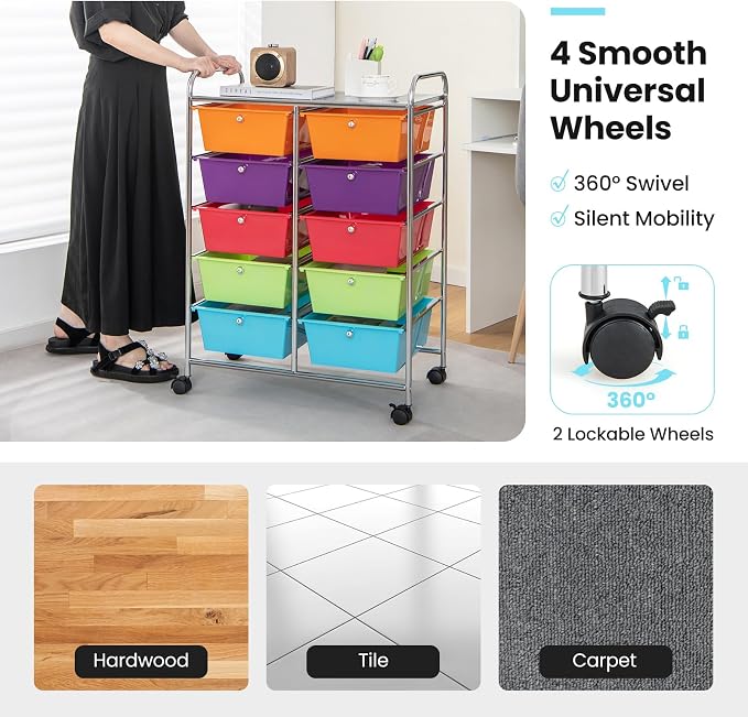 Giantex 10 Drawers Rolling Cart, Classroom Organizers, Storage Cart with Wheels, for Teacher Office Home School Supplies Tool Craft Art Paper, Rainbow Color - Image 6