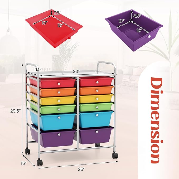 GOFLAME 12-Drawer Rolling Storage Cart, Multipurpose Organizer Cart with 2 Sizes Plastic Drawers, Mobile Utility Cart with Lockable Casters for School, Home Office, Beauty Salon, Multicolored - Image 3
