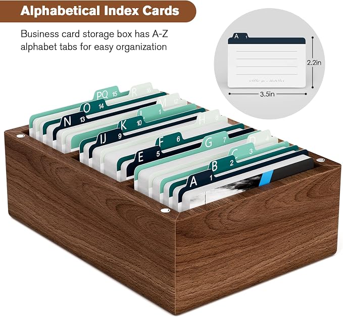 MaxGear Walnut Wood Business Card Organizer for 2.2" x 3.5" Cards | Business Card Holder for Desk, Index Cards Box Holds 300 Cards, Includes A-Z Tabs, Desktop Organizers for Office, Home - Image 2