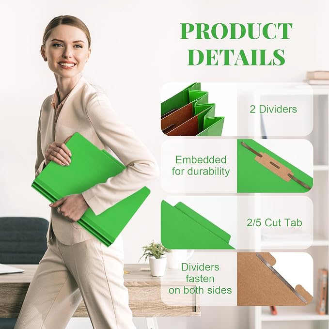 Skyygemm 24 Pcs Classification Folders Letter Size Bulk - 2 Dividers Pressboard File Folder with 3. 5 Inch Expansion, 2 Prongs Fastener, Heavy Duty Office File Organizer for Teacher Medical (Green) - Image 3