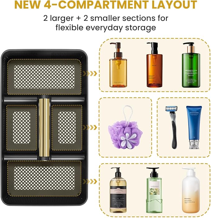 BYUNER Portable Cleaning & Shower Caddy with Handle: Rigid Plastic Basket with 4 Divided Compartments, All-Side Drainage for College Dorm, Bathroom & Utility Use, Black/Gold - Image 6
