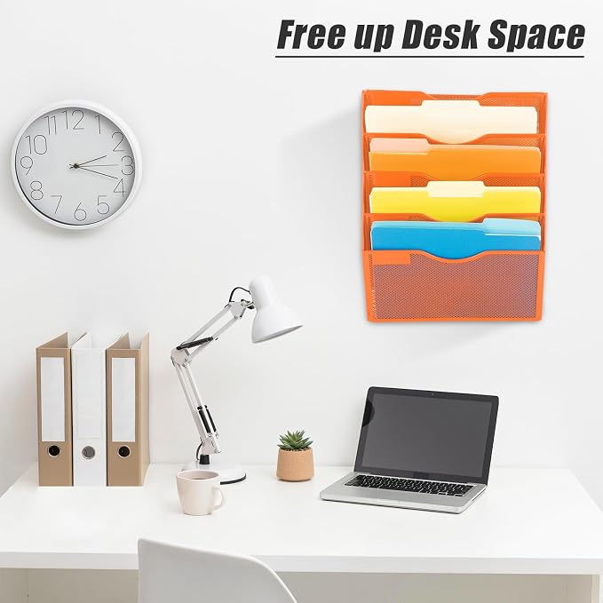 5 Pocket Mesh Hanging Wall File Organizer, Wall Mounted Mail Paper Document Folder Holder, Clipboard Storage Organization Magazine Rack with Nametag Label for Office Home School, Orange - Image 7
