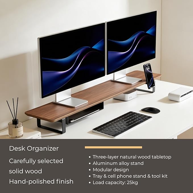 muso wood Dual Monitor Stand with Storage Shelf, 45 Inch Wooden Monitor Riser for 2 Monitors, Walnut Desk Shelf for Computer, Laptop, Screen, TV, Printer - Image 5