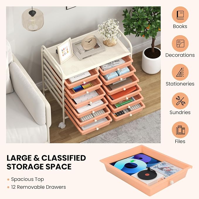 Giantex 12 Drawers Rolling Cart, Mobile Storage Drawer Cart, Classroom Organizer Cart for Office School Supplies Tools Scrapbook Paper Craft Small Printer, Utility Cart on Wheels, Peach Fuzz - Image 7