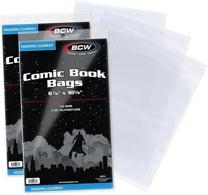 BCW Current Comic Bags (200 Pack) – Acid-Free BCW Comic Book Bags for Modern Comics | Crystal Clear Comic Book Sleeve Protection | 6 7/8 x 10 1/2 by BCW