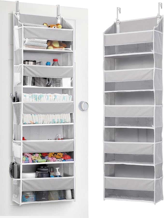 ULG 1 Pack Over Door Organizer with 5 Large Pockets 10 Mesh Side Pockets, 44 lbs Weight Capacity Hanging Storage Organizer with Clear Window for Kids Toys, Shoes, Diapers, Grey, 5 Layer by ULG