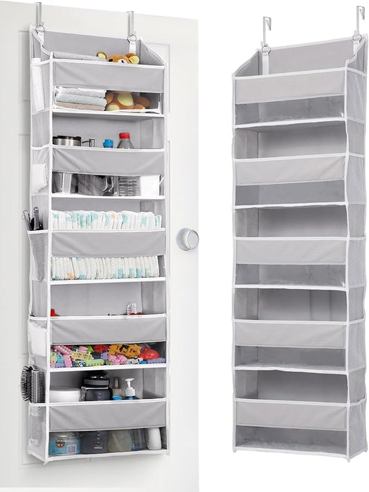 ULG 1 Pack Over Door Organizer with 5 Large Pockets 10 Mesh Side Pockets, 44 lbs Weight Capacity Hanging Storage Organizer with Clear Window for Kids Toys, Shoes, Diapers, Grey, 5 Layer by ULG