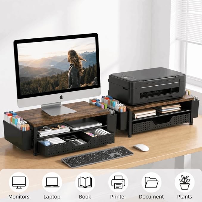 ECOLOVI Desk Organizer and Accessories, 2-Tier Computer Monitor Stand Rise with Storage Drawer & 2 Pen Holders, Laptop & Printer Stand for Desktop, Workspace Organizers for Office Supplies (Brown) - Image 4