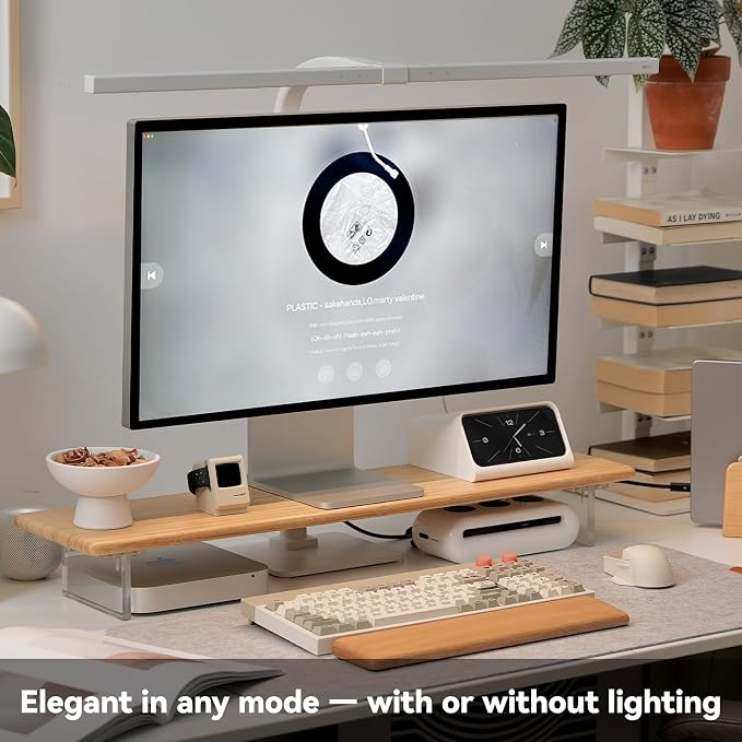 Bamboo Monitor Stand, Desk Shelf with Acrylic Legs and RGB Lights | 31.5-Inch Wide, 3.3-Inch Clearance, Fits Monitor, Laptop, Printer and Speakers for Small Desks - Image 2
