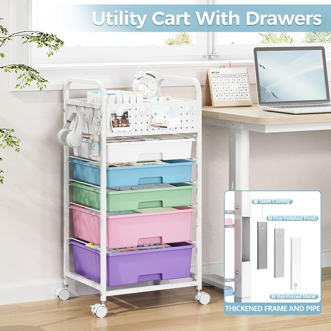 5 Drawer Rolling Storage Cart with Pegboard Top and Hooks, Ice Cream | Mobile Organizer Cart with Wheels for Office Supplies, Craft Storage, Classroom Organization, Home Utility Cart - Image 6