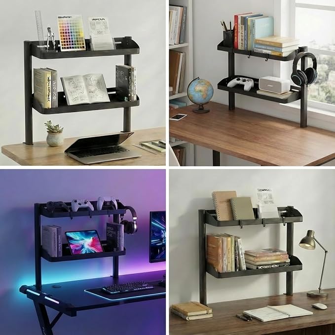 Clamp on Desk Shelf, 17in 2-Tier Office Desk Shelves Organizer, Small Shelf for Top of Desk with Headphone Holder and Hooks, Desktop Storage Rack for Home Workspace, Study Rooms, Gaming Accessories - Image 8