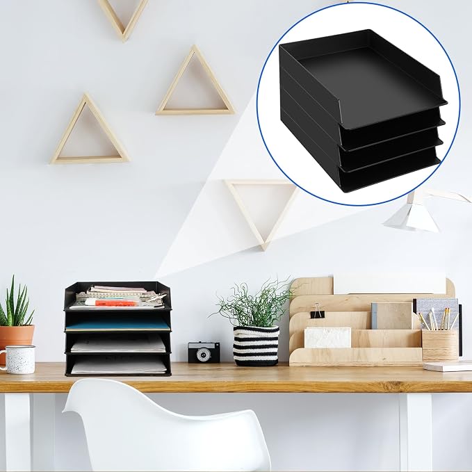 4 Pcs Stackable Paper Trays Rectangular Plastic Desk Holder Desktop Document File Organizer Storage Letter for Office Classroom (Black) - Image 5