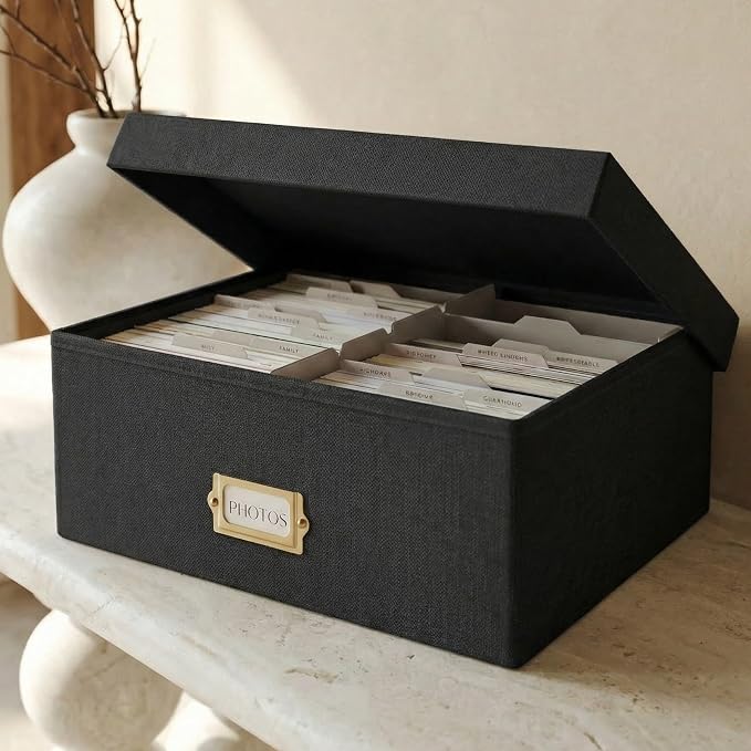 ZICOTO Decorative Photo Storage Box - Sturdy Linen Photo Organizer with Dividers is Perfect to Store Up to 1700 Pictures and 4x6 Photos - Portable Scrapbook Storage Containers with Lid by ZICOTO
