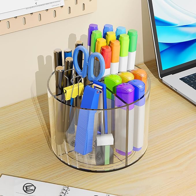 Mefirt Acrylic Pen Holder, 360 Degree Marker Organizer for Desk, Rotating Desk Storage With 4 Compartments, Art Supply Crayon Holder for Office School Home, Clear - Image 2