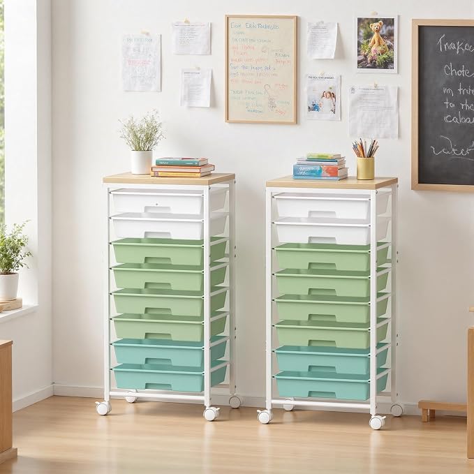 Rolling Cart with 8 Drawers, Plastic Drawer Storage Carts with Wheels & Wooden Tabletop, Metal Utility Cart Organizer for Bedroom Living Room Office Classroom Craft Organization and Storage, Green - Image 2