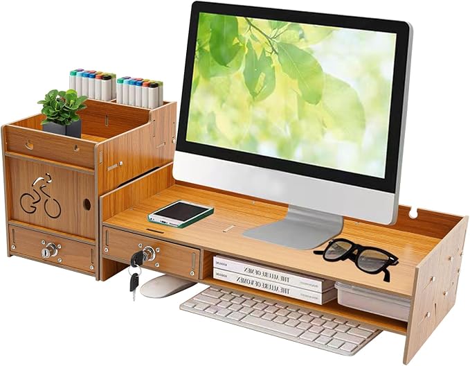 Desktop Monitor Stand, Computer Monitor Stand for Desk, Monitor Riser with Drawer, Desk Monitor Stand Underneath Storage for Office (Cherry Wood Color) - Image 2