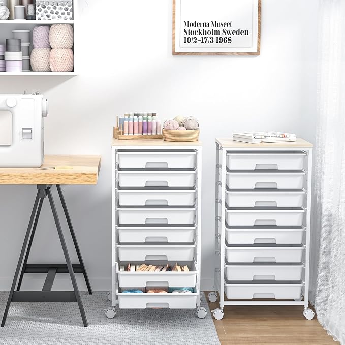 SYKIARIOL Rolling Storage Cart with Drawers, 8 Drawers Utility Cart,White | Rolling Drawer Cart with Wooden Tabletop,Storage Drawer Cart for Living Room,Classroom,Bedroom,Dorm,Office - Image 7