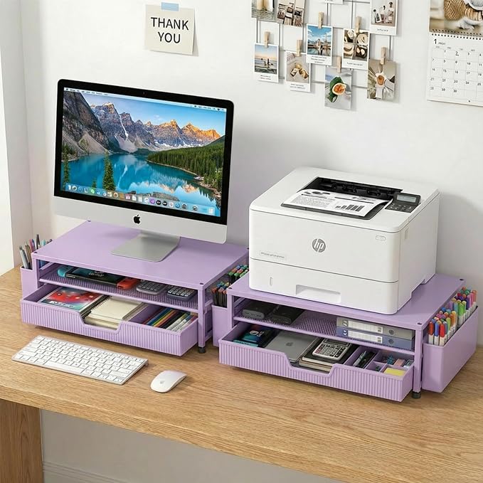 ECOLOVI Desk Organizer and Accessories, 2-Tier Computer Monitor Stand Rise with Storage Drawer & 2 Pen Holders, Laptop & Printer Stand for Desktop, Workspace Organizers for Office Supplies (Purple) - Image 7
