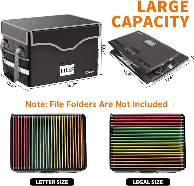 DocSafe 5200°F Fireproof Document Box with Lock,Heat Insulated File Organizer Storage with Pockets,Collapsible Portable Home Office File Safe Box with Handle for Hanging Letter/Legal Folders, Black - Image 8