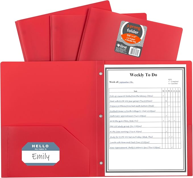C-Line Two-Pocket Heavyweight Poly Portfolio with Prongs, For Letter Size Papers, Includes Business Card Slot, 1 Case of 25 Portfolios, Red (33964-25) by C-Line