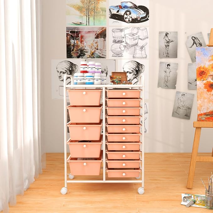 GOFLAME 15-Drawer Rolling Storage Cart, Craft Storage Cart with Removable Drawers & Lockable Wheels, Art Cart Supply Storage Organizer for Home Office Classroom, Peach Fuzz - Image 8