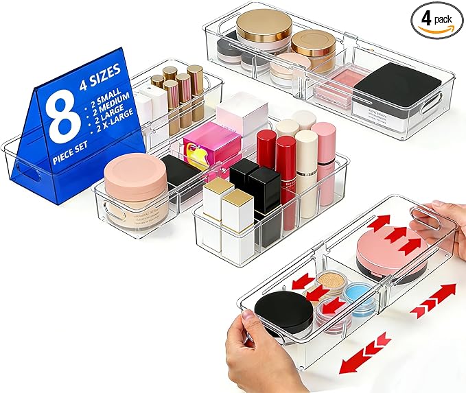 BLULEE 4-in-1 Expandable Drawer Organizer Set, Adjustable Clear Bins | with Dividers for Kitchen, Bathroom, Vanity & Office, Scalable Trays for Cosmetics, Utensils & Desk Accessories (8 Pcs) by BLULEE