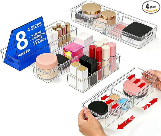 BLULEE 4-in-1 Expandable Drawer Organizer Set, Adjustable Clear Bins | with Dividers for Kitchen, Bathroom, Vanity & Office, Scalable Trays for Cosmetics, Utensils & Desk Accessories (8 Pcs) by BLULEE
