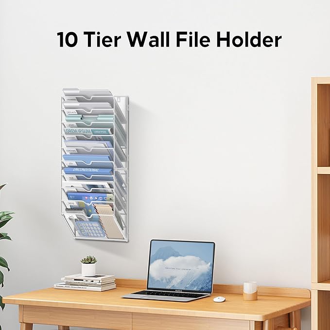 10-Tier Wall File Organizer and Hanging File Organizer, White | Wall Organizer and Wall Mounted File Holder with 14 Pockets and Label Panels for Files, Mail, Folders, Magazines and Paper - Image 3