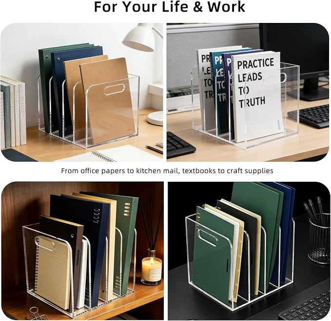 5mm Acrylic Magazine File Holder, 4 Compartment Desk Organizer | 4 spacious vertical compartments hold magazines, files, books & more. 5mm thick clear acrylic, non-slip base. No assembly. - Image 6