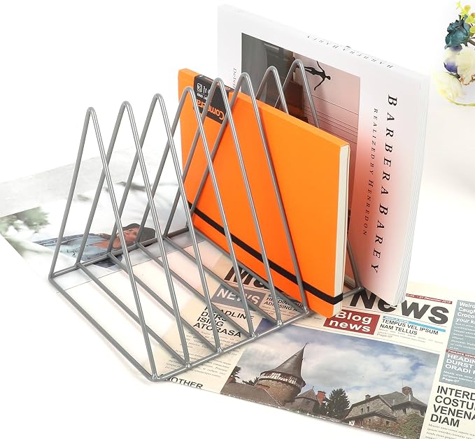 Vinyl Record Holder Storage, 9 Slot Metal Magazine Book Album Display Rack, Stylish Triangle Desktop File Sorter Organizer for Home Office, Grey Pack of 2 - Image 4