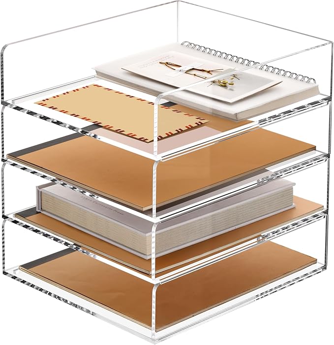 Acrylic Paper Organizer Letter Tray, Stackable Desk Organizer, 4-Tier | Desk Organizers and Accessories, Vertical File Tray, Workspace Office Supplies Organizer for Office Classroom Home, Clear by SANRUI