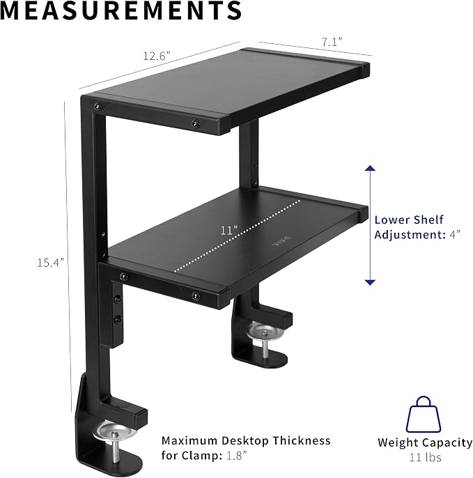 VIVO Clamp-on 13 inch Above or Below Desk 2-Tier Shelving Unit for Table Accessories, Gaming Devices, and More, Storage Tray, Desktop Organizer, Black, STAND-SHELF2C | Above or Below Desk, 2 Level Shelving Unit for Table Accessories, Gaming Devices, an... - Image 3