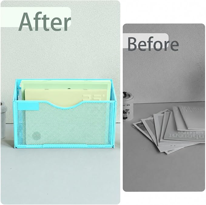 1 Pocket Mesh Wall File Holder Organizer Office Hanging File Folder Magazine Rack, Nametag Label Hooks Set Included (Blue) - Image 5
