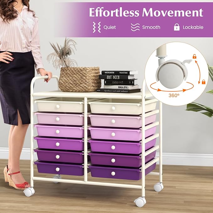 GOFLAME 12-Drawer Rolling Storage Cart, Multifunctional Art Craft Organizer Cart, Mobile Utility Storage Cart with Removable Drawers & Lockable Wheels, Craft Cart for Home Office, Purple Gradient - Image 7
